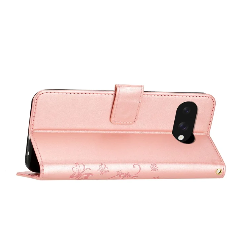 For Google Pixel 9a Leather Wallet Case Butterfly Flower Imprinted Phone Cover with Strap - Rose Gold
