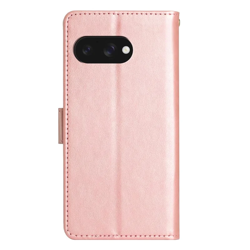 For Google Pixel 9a Leather Wallet Case Butterfly Flower Imprinted Phone Cover with Strap - Rose Gold