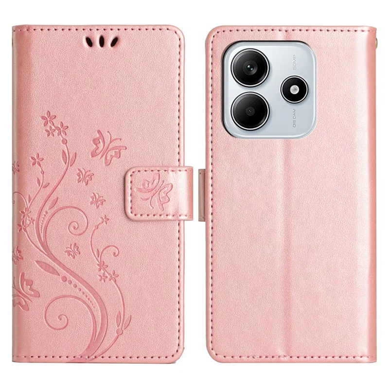 For Xiaomi Redmi Note 14 5G Leather Wallet Case Butterfly Flower Imprinted Phone Cover with Strap - Rose Gold
