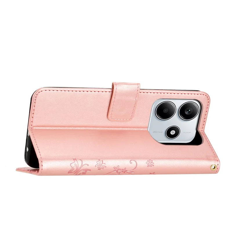 For Xiaomi Redmi Note 14 5G Leather Wallet Case Butterfly Flower Imprinted Phone Cover with Strap - Rose Gold