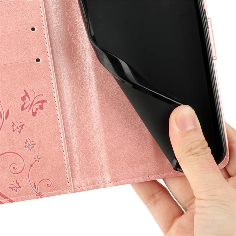 For Xiaomi Redmi Note 14 5G Leather Wallet Case Butterfly Flower Imprinted Phone Cover with Strap - Rose Gold