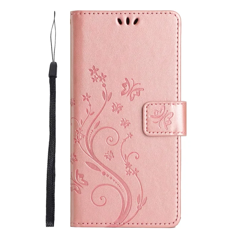 For Xiaomi Redmi Note 14 5G Leather Wallet Case Butterfly Flower Imprinted Phone Cover with Strap - Rose Gold