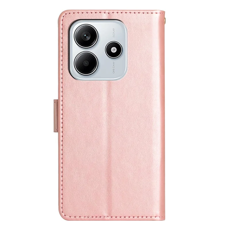 For Xiaomi Redmi Note 14 5G Leather Wallet Case Butterfly Flower Imprinted Phone Cover with Strap - Rose Gold