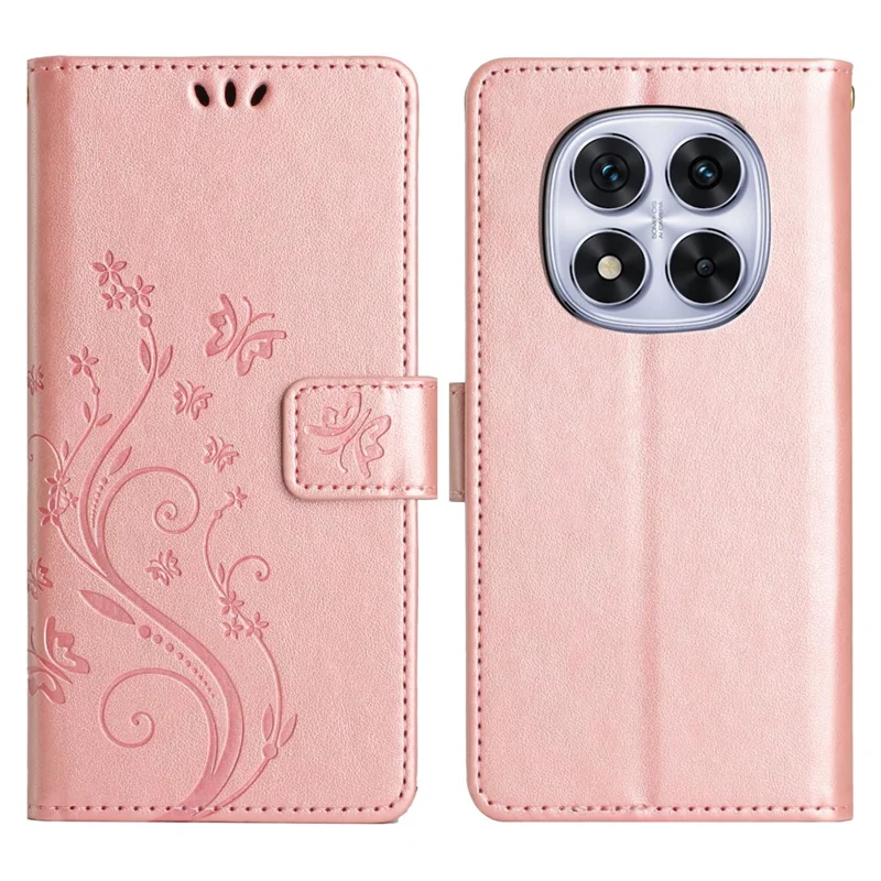 For Xiaomi Redmi Note 14 Pro 5G / Poco X7 5G Leather Wallet Case Butterfly Flower Imprinted Phone Cover with Strap - Rose Gold