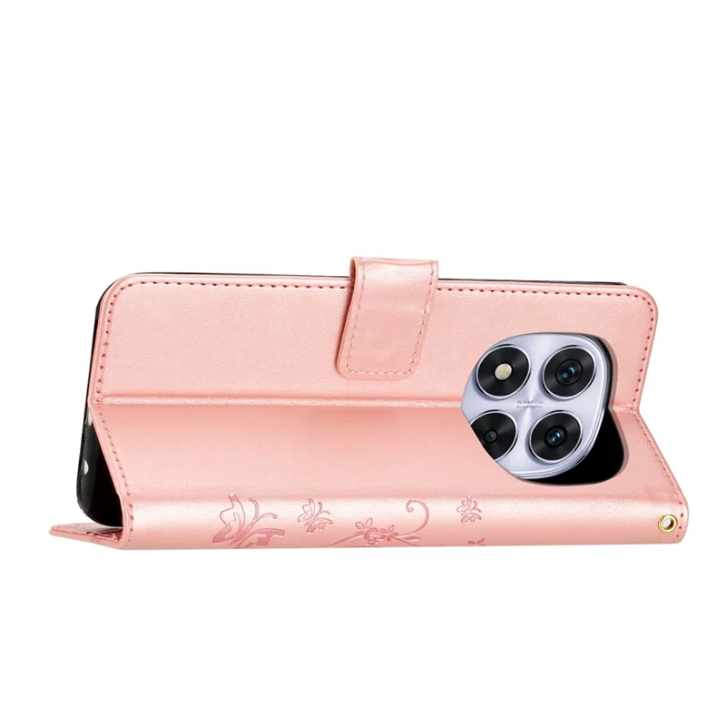 For Xiaomi Redmi Note 14 Pro 5G / Poco X7 5G Leather Wallet Case Butterfly Flower Imprinted Phone Cover with Strap - Rose Gold