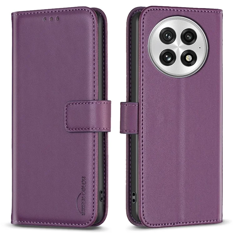 Capa carteira de couro de dobra BINFEN COLOR BF17 para OnePlus 13 - Roxo escuro