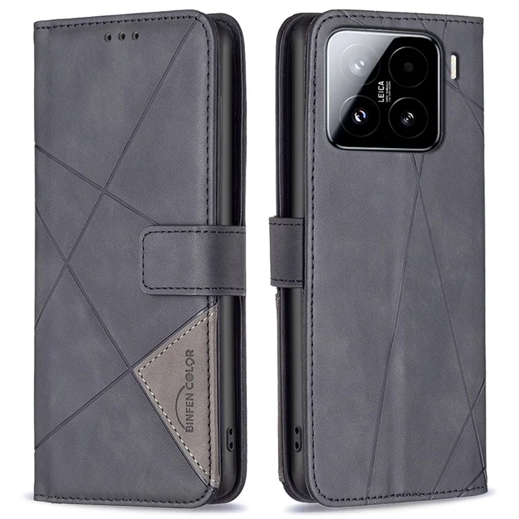 BINFEN COLOR For Xiaomi 15 Phone Cases Wallet Stand Geometry Imprinted Leather Cover - Black