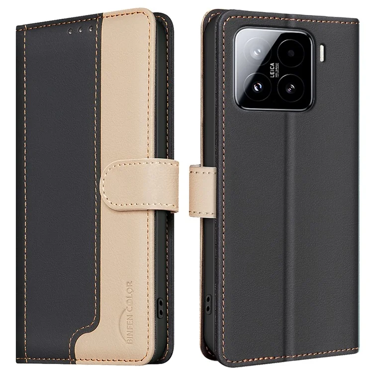 БИНФЕН ЦВЕТ BF33 для Xiaomi 15 кожаный чехол с комбинированием цветов и блокировкой RFID - Черный