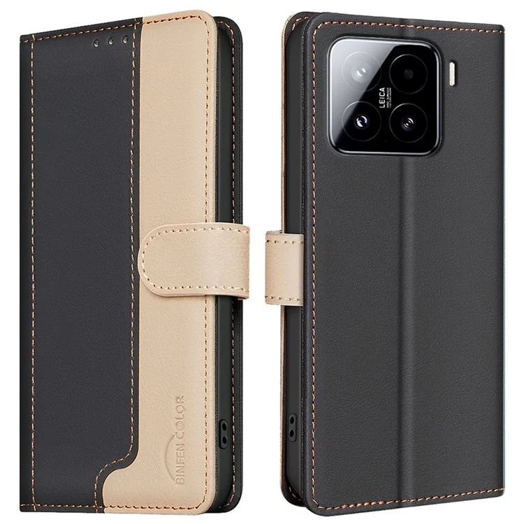 BINFEN COLOR BF33 para Xiaomi 15 Pro Capa de Couro Splicing Color RFID Blocking - Preto