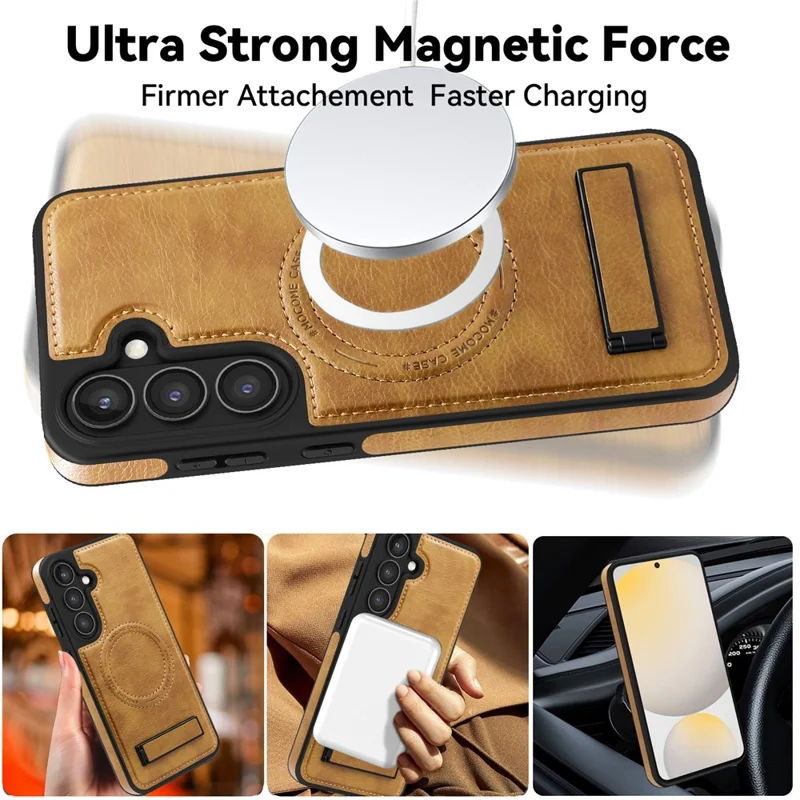 For Samsung Galaxy S24 FE Case Compatible with MagSafe Kickstand Leather Phone Back Cover  - Brown