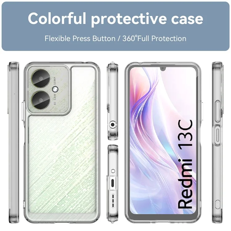 Coque transparente WANLONFENG série MF pour Xiaomi Poco M6 5G / Redmi 13R 5G / 13C 5G / 13C 4G / Poco C65 4G, en TPU+acrylique avec film en verre trempé.