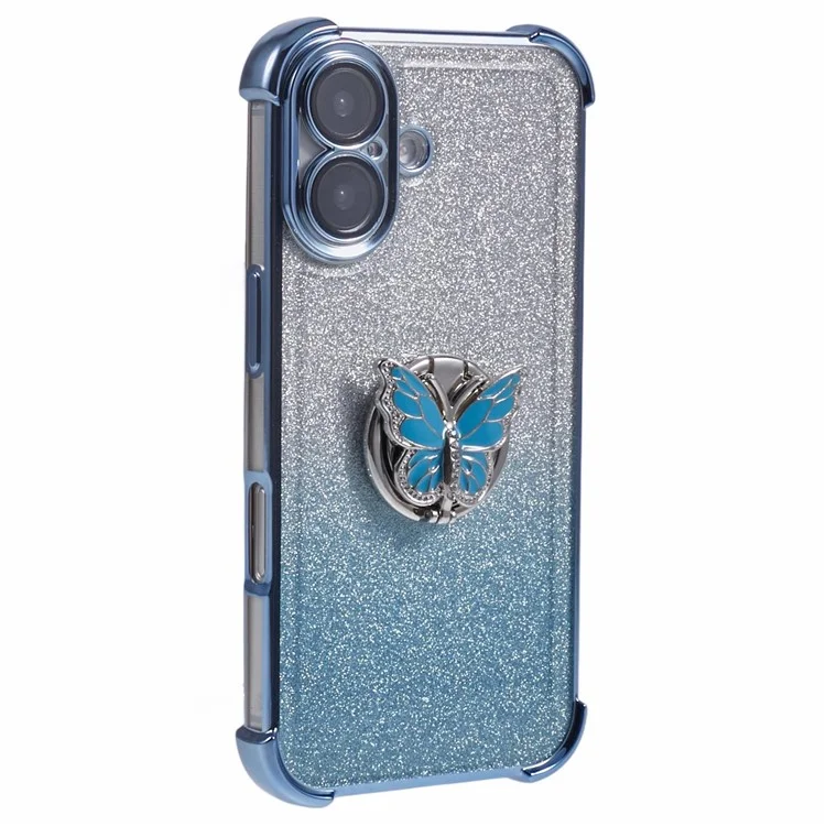 Für iPhone 16 Plus Hülle Schmetterling Ständer Glitzer TPU Stoßfest Handyhülle - Blau