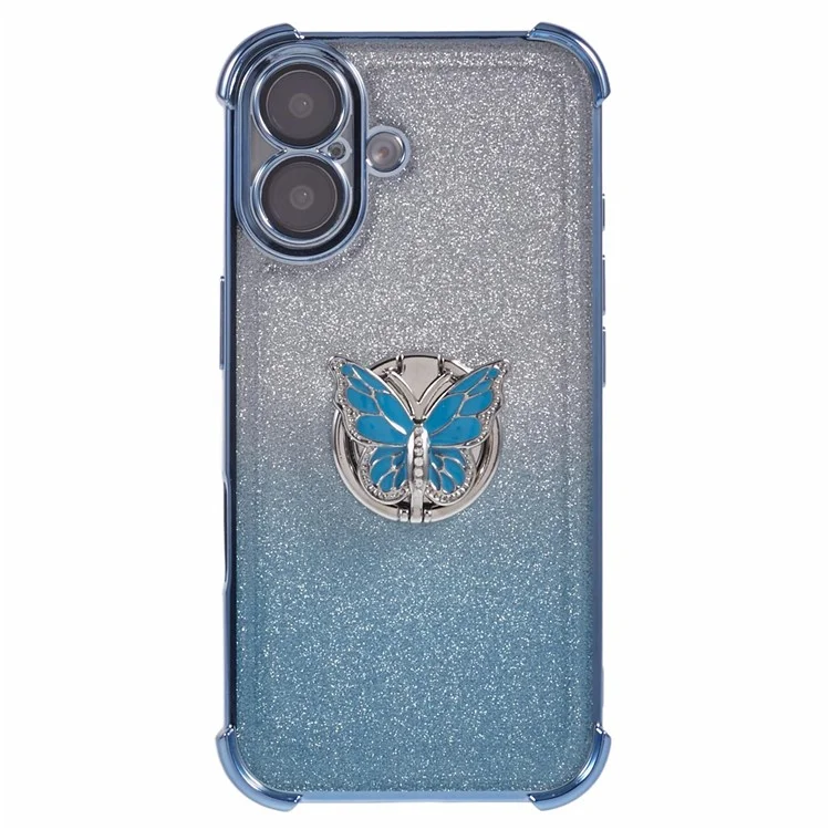 Für iPhone 16 Plus Hülle Schmetterling Ständer Glitzer TPU Stoßfest Handyhülle - Blau