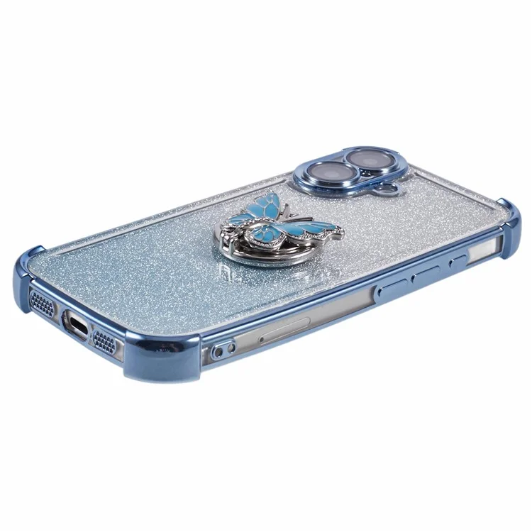 Für iPhone 16 Plus Hülle Schmetterling Ständer Glitzer TPU Stoßfest Handyhülle - Blau