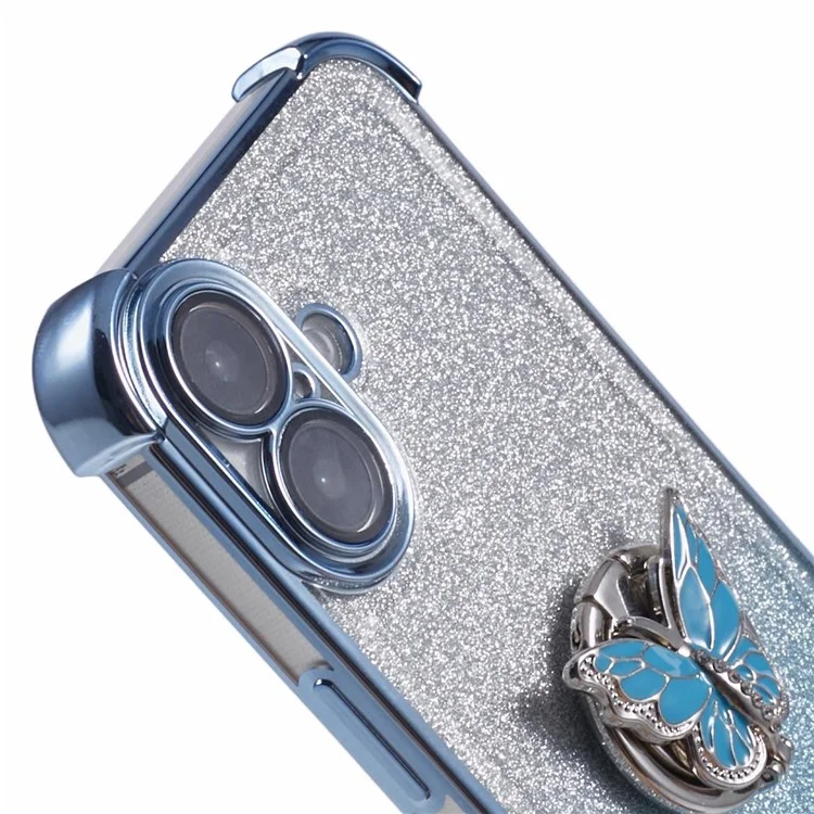 Für iPhone 16 Plus Hülle Schmetterling Ständer Glitzer TPU Stoßfest Handyhülle - Blau