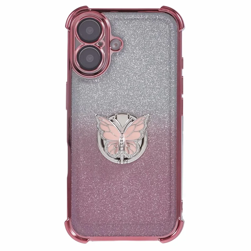 For iPhone 16 Plus Case Butterfly Kickstand Glitter TPU Shockproof Phone Cover - Pink