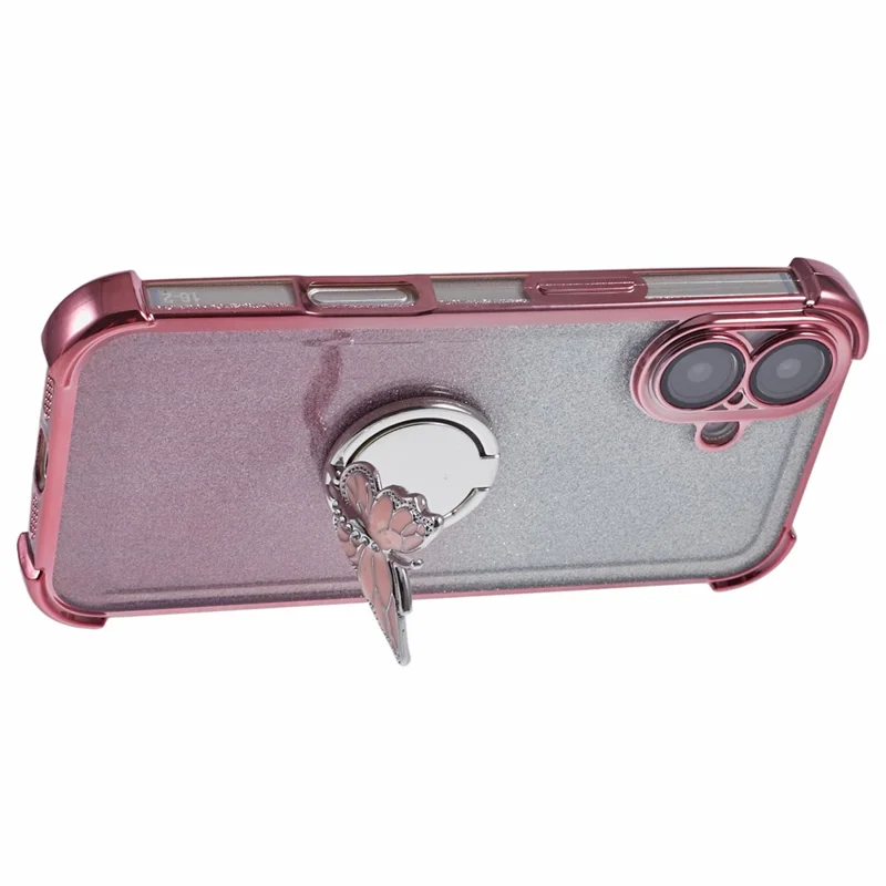 For iPhone 16 Plus Case Butterfly Kickstand Glitter TPU Shockproof Phone Cover - Pink