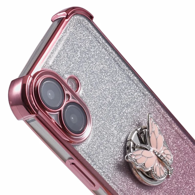 For iPhone 16 Plus Case Butterfly Kickstand Glitter TPU Shockproof Phone Cover - Pink