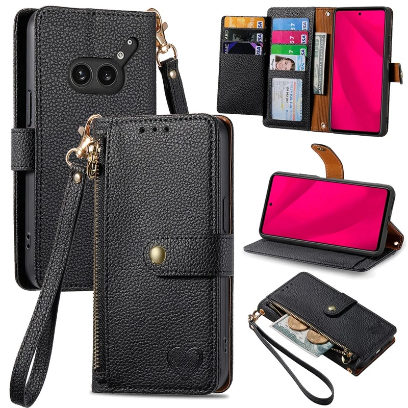 Capa para Nothing Phone (2a) Plus com bolso com zíper de bloqueio RFID e carteira de couro - Preta