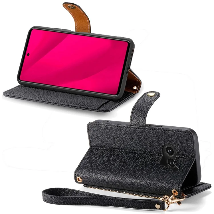 Capa para Nothing Phone (2a) Plus com bolso com zíper de bloqueio RFID e carteira de couro - Preta