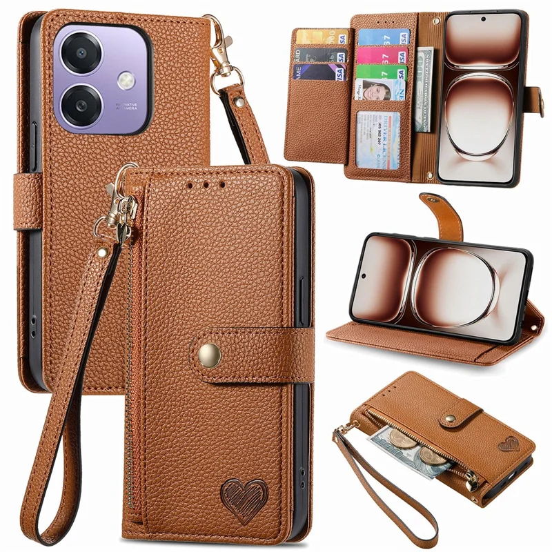 RFID-blokerende taske til Oppo A3x 4G / A40 4G / A60 5G, læderlomme med lynlåstaske til telefon - Brun