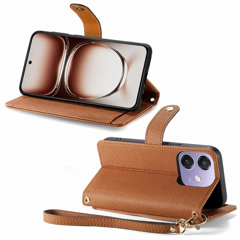 RFID-blokerende taske til Oppo A3x 4G / A40 4G / A60 5G, læderlomme med lynlåstaske til telefon - Brun