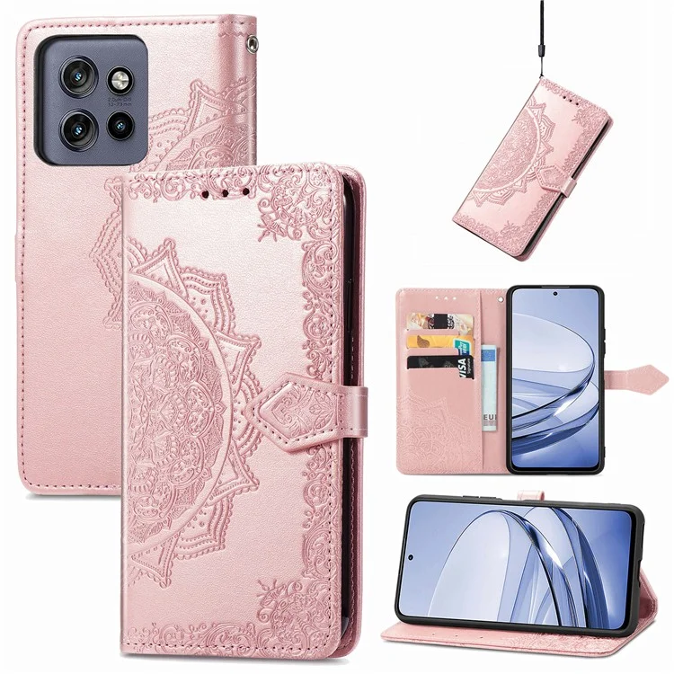 Étui portefeuille pour Motorola Thinkphone 25 5G / Moto S50 5G / Edge 50 Neo 5G Mandala Flower Leather Phone Cover Stand View - Or rose