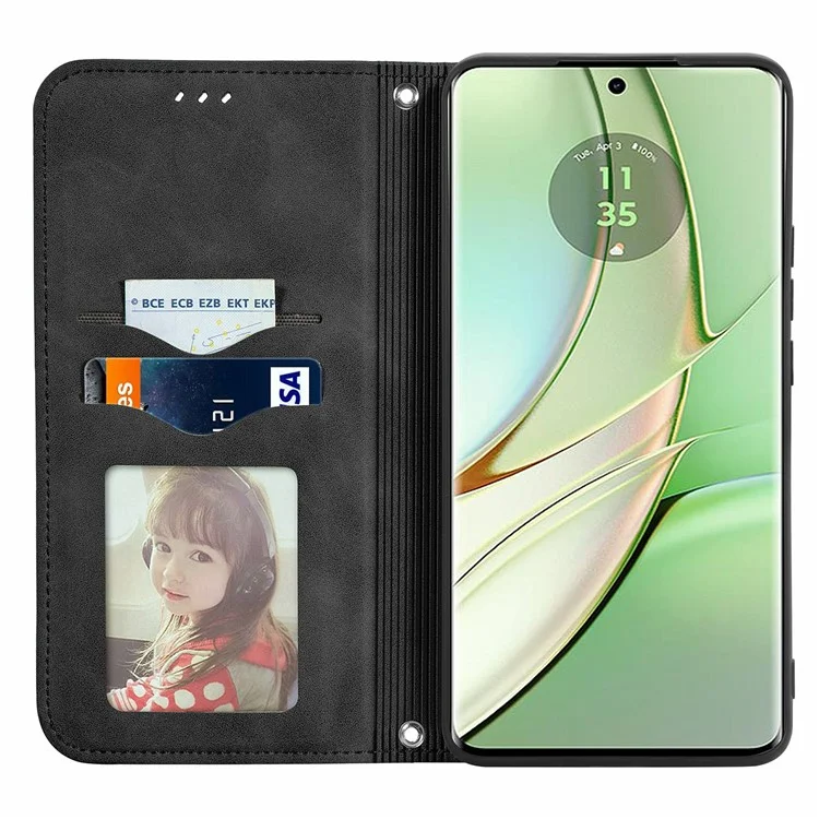 For Motorola Moto G75 5G Case Skin Touch Feeling Leather Card Holder Phone Cover Magnetic Absorption - Black