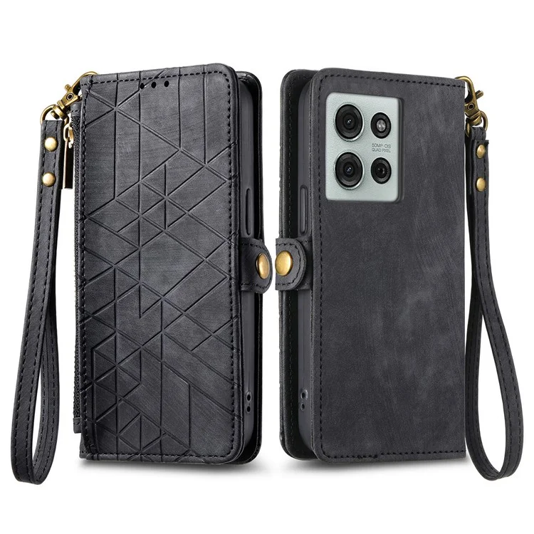Étui portefeuille zippé Geometry Lines en cuir pour Motorola Moto G75 5G - Noir