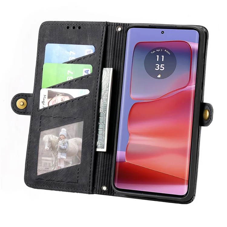 Étui portefeuille zippé Geometry Lines en cuir pour Motorola Moto G75 5G - Noir