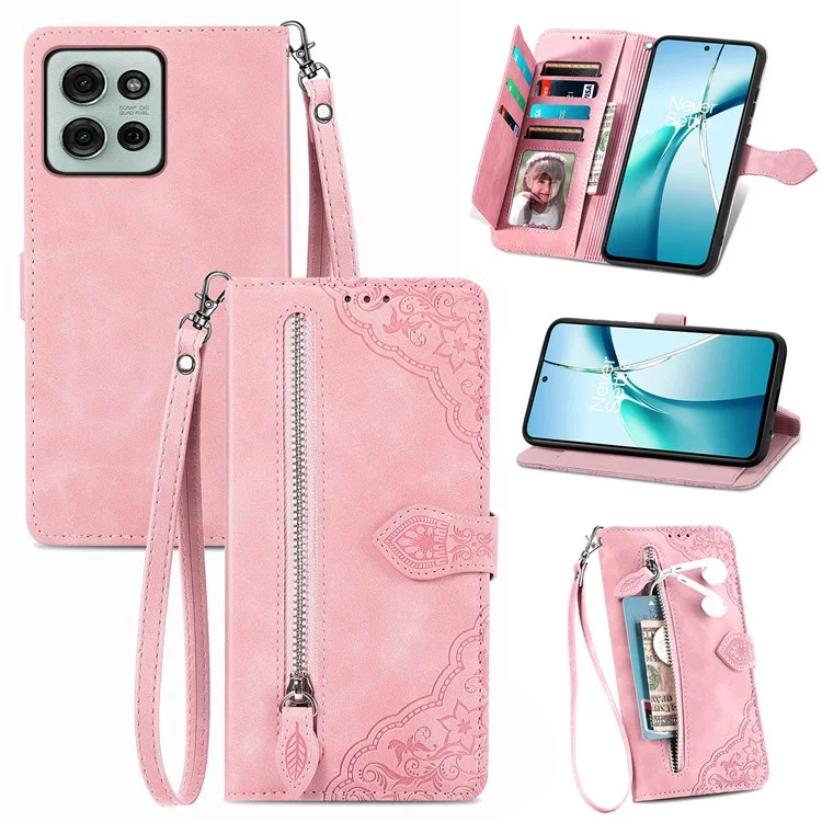 For Motorola Moto G75 5G Zipper Wallet Case with Strap Flower Imprint PU Leather Phone Cover - Pink