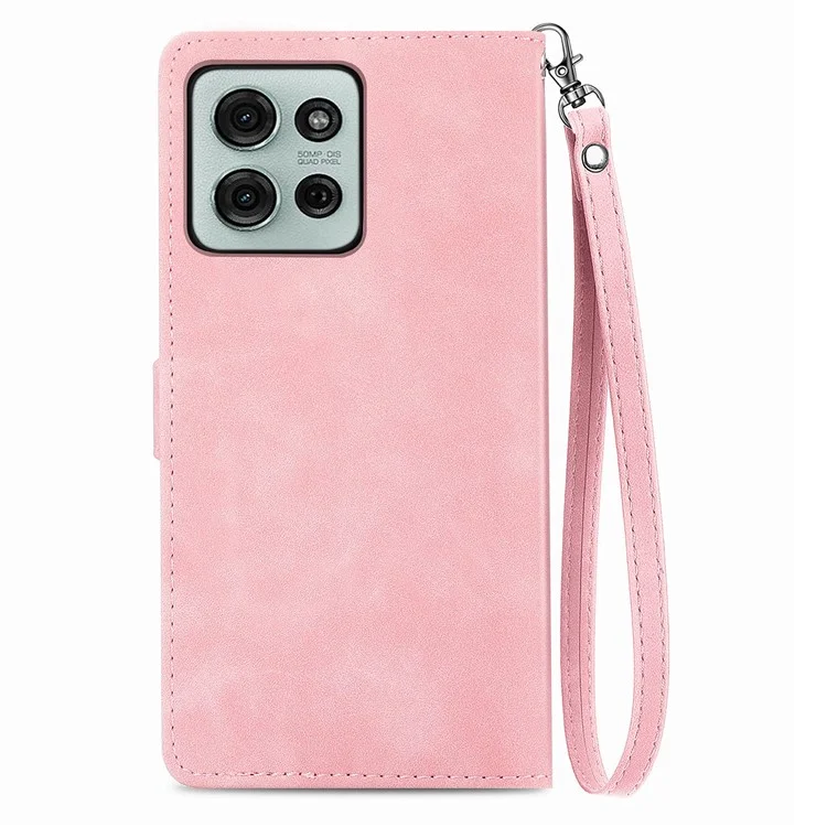 For Motorola Moto G75 5G Zipper Wallet Case with Strap Flower Imprint PU Leather Phone Cover - Pink