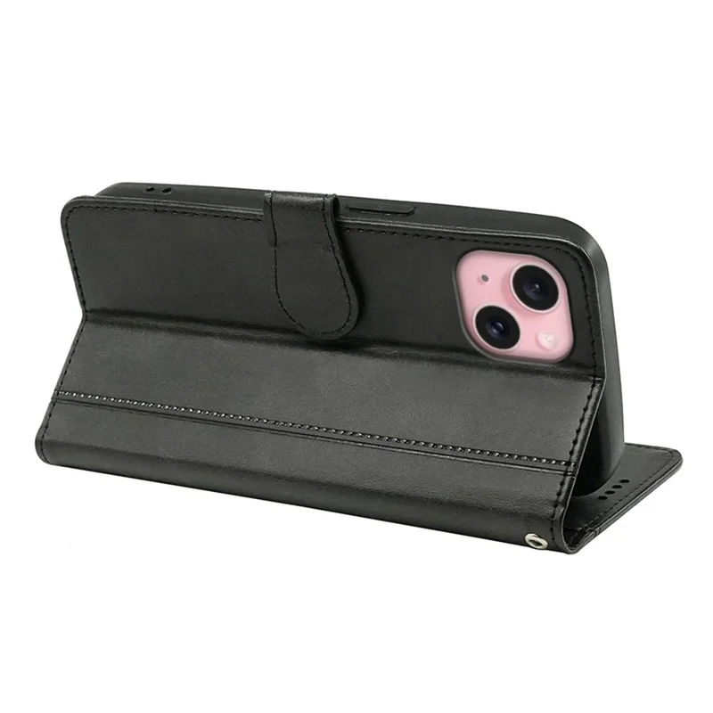 For iPhone 14 Case Calf Texture Leather Stand Book Style Phone Cover - Black