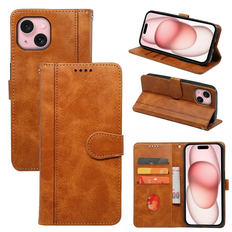 For iPhone 15 Case Calf Texture Leather Stand Book Style Phone Cover - Yellow