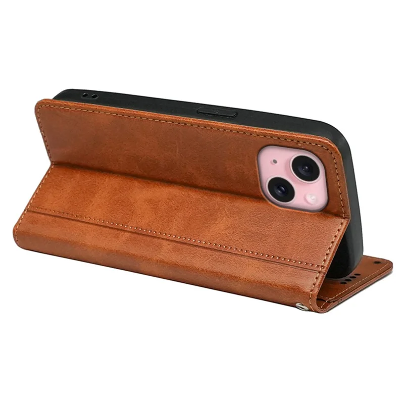 For iPhone 15 Case Hidden Magnetic Closure Calf Texture Leather Phone Cover - Yellow