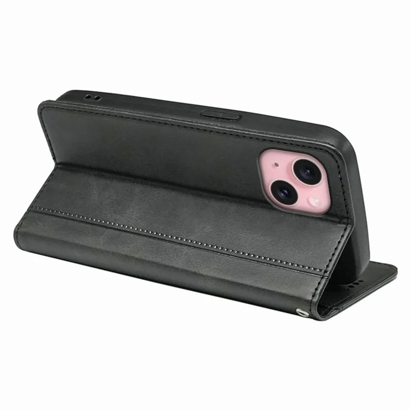 For iPhone 14 Case Hidden Magnetic Closure Calf Texture Leather Phone Cover - Black