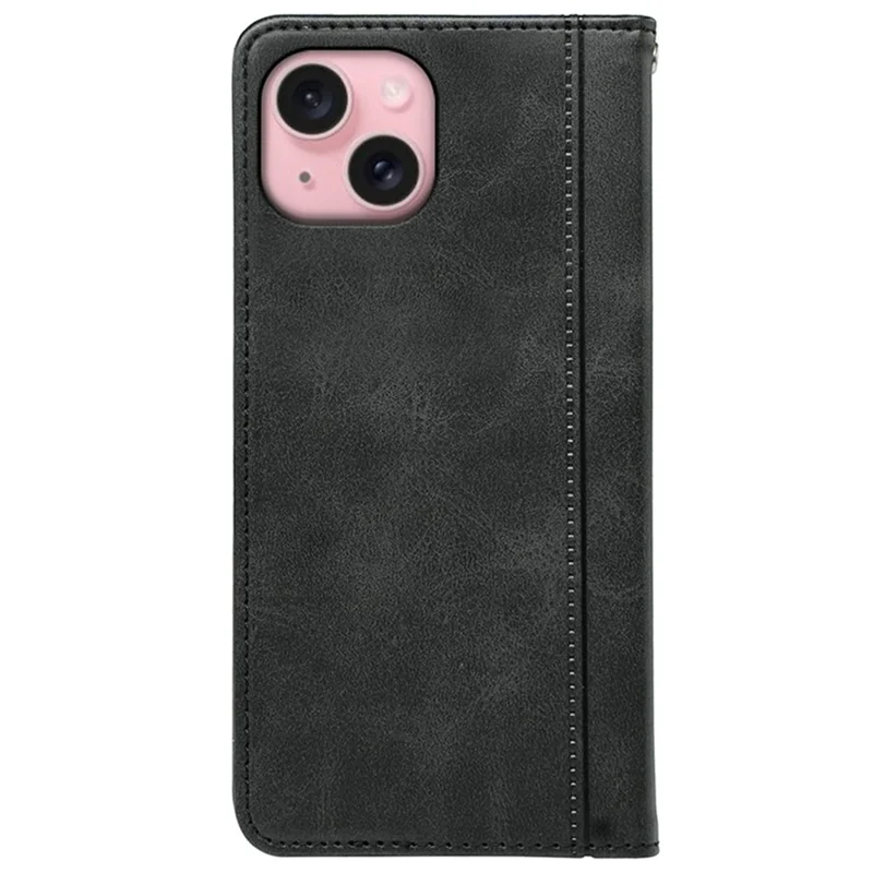 For iPhone 14 Case Hidden Magnetic Closure Calf Texture Leather Phone Cover - Black