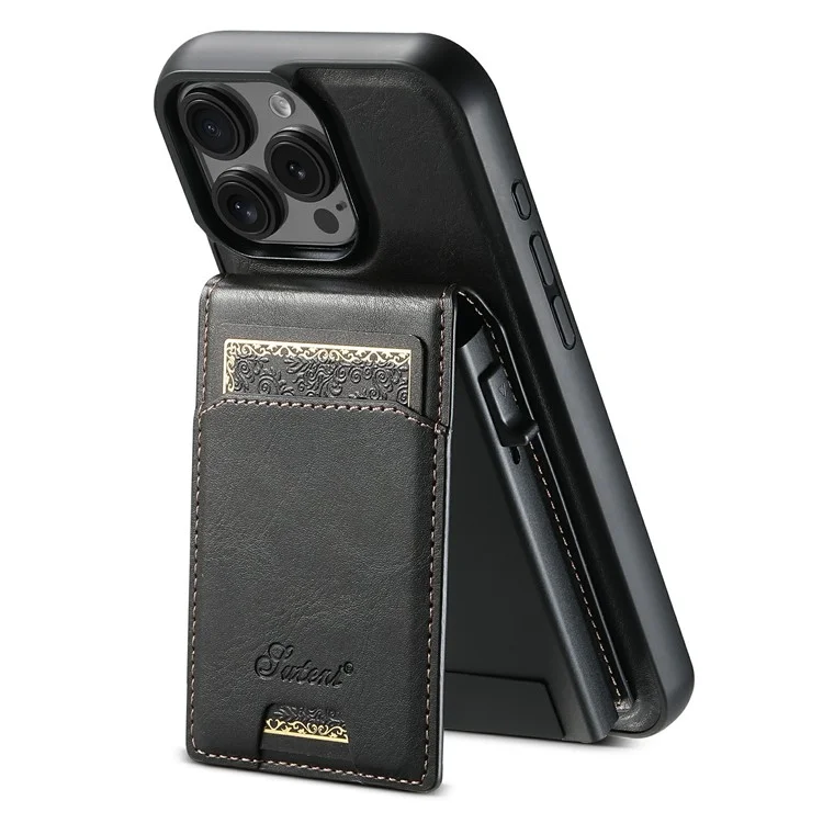 Coque magnétique SUTENI H19 pour iPhone 16 Pro Max, texture cirée, fentes pour cartes, revêtement en cuir - Noir