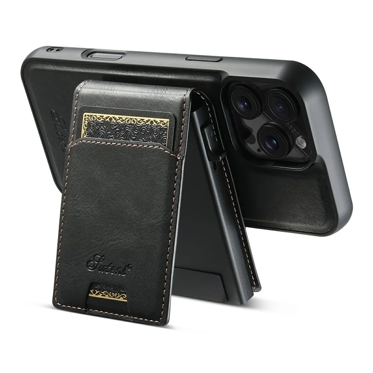 Coque magnétique SUTENI H19 pour iPhone 16 Pro Max, texture cirée, fentes pour cartes, revêtement en cuir - Noir