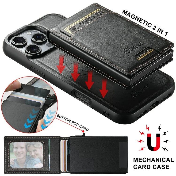 Coque magnétique SUTENI H19 pour iPhone 16 Pro Max, texture cirée, fentes pour cartes, revêtement en cuir - Noir