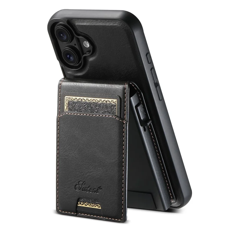 SUTENI H19 For iPhone 16 Plus Magnetic Case Waxy Texture Card Slots Leather Back Phone Cover - Black