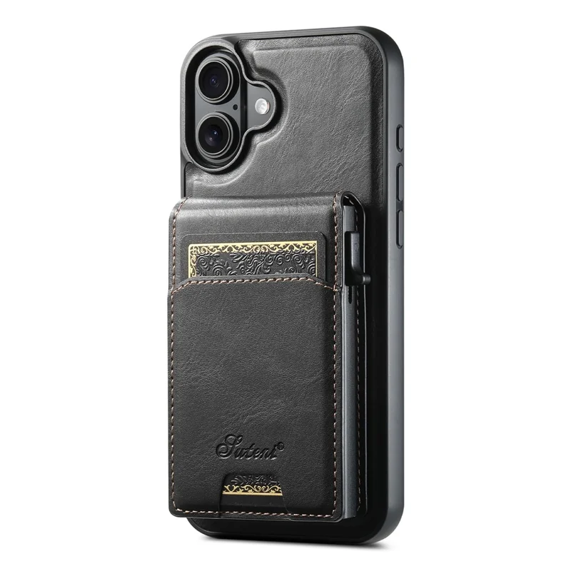 SUTENI H19 For iPhone 16 Plus Magnetic Case Waxy Texture Card Slots Leather Back Phone Cover - Black