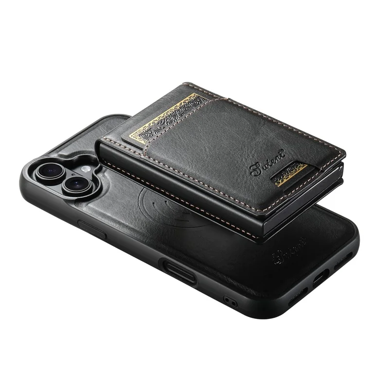 SUTENI H19 For iPhone 16 Plus Magnetic Case Waxy Texture Card Slots Leather Back Phone Cover - Black