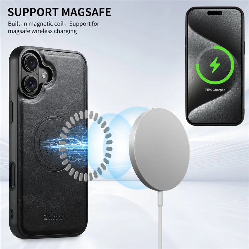 SUTENI H19 For iPhone 16 Plus Magnetic Case Waxy Texture Card Slots Leather Back Phone Cover - Black