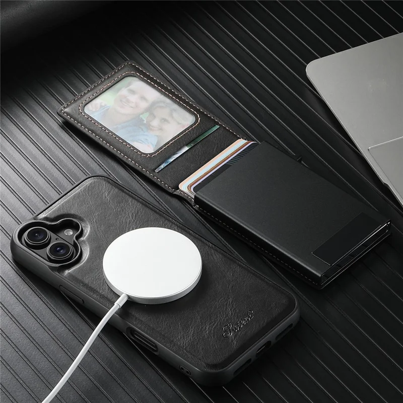 SUTENI H19 For iPhone 16 Plus Magnetic Case Waxy Texture Card Slots Leather Back Phone Cover - Black
