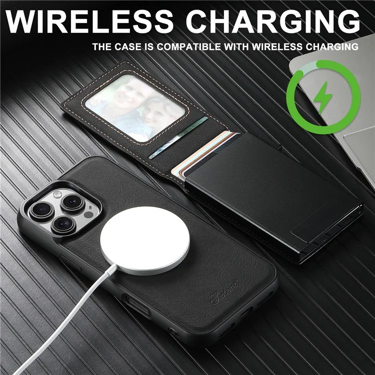 Étui magnétique SUTENI H19 pour iPhone 16 Pro Max avec porte-cartes, support et texture en cuir de litchi - Noir