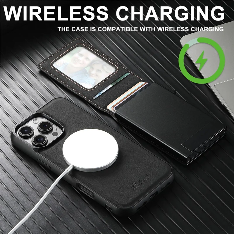 SUTENI H19 For iPhone 16 Pro Magnetic Case Card Holder Kickstand Litchi Texture Leather Back Cover - Black
