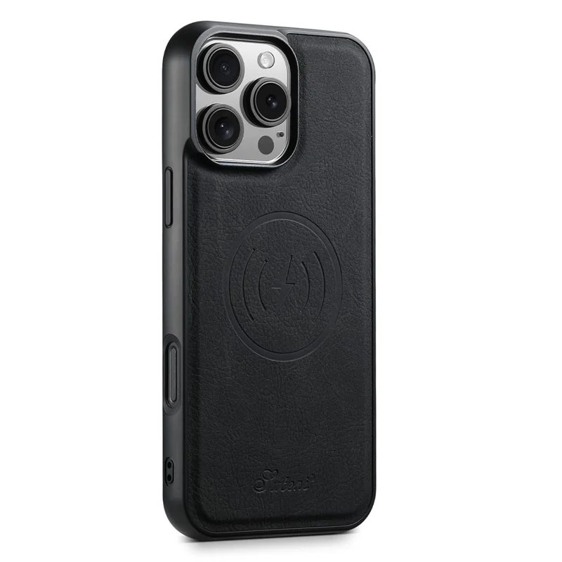 SUTENI H19 For iPhone 16 Pro Magnetic Case Card Holder Kickstand Litchi Texture Leather Back Cover - Black