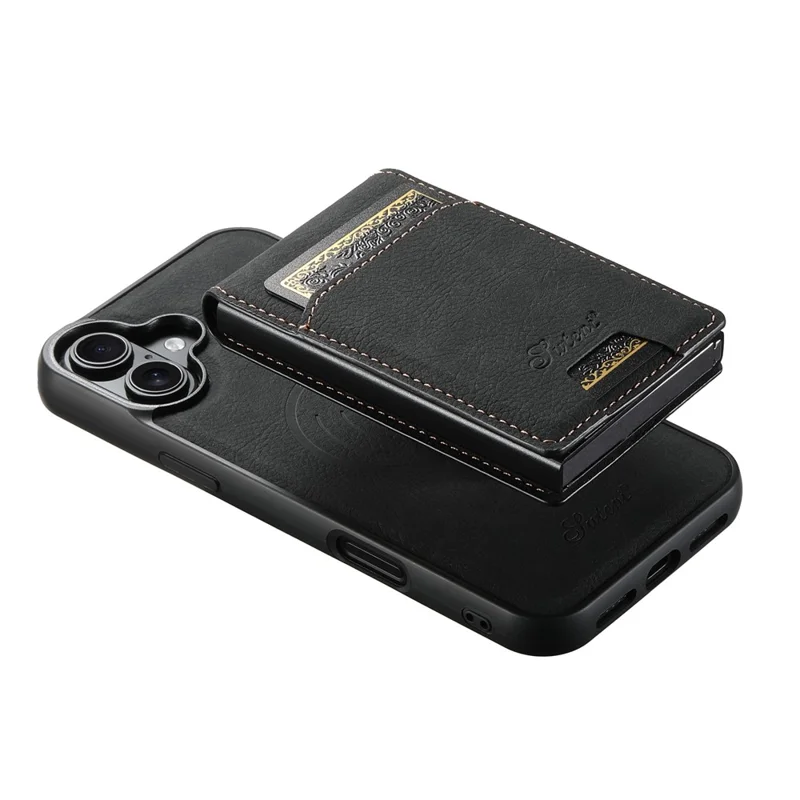 SUTENI H19 For iPhone 16 Plus Magnetic Case Card Holder Kickstand Litchi Texture Leather Back Cover - Black