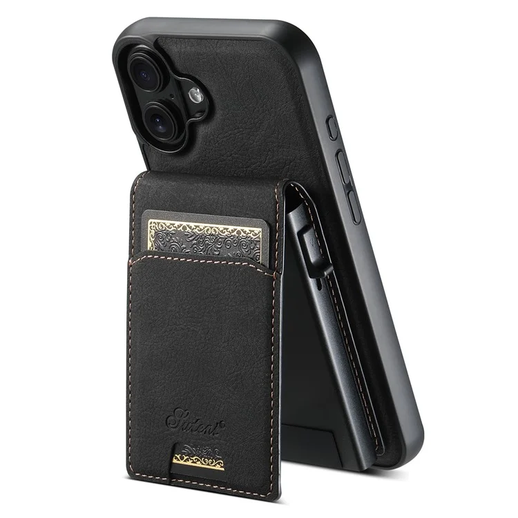 SUTENI H19 For iPhone 16 Magnetic Case Card Holder Kickstand Litchi Texture Leather Back Cover - Black